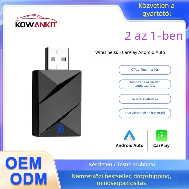 CarPlay vezeték nélküli adapter, 2-in-1 Android Auto-val, Kowankit K1a, Quad-Core CPU, 2GB RAM, 16GB ROM, USB-C/USB