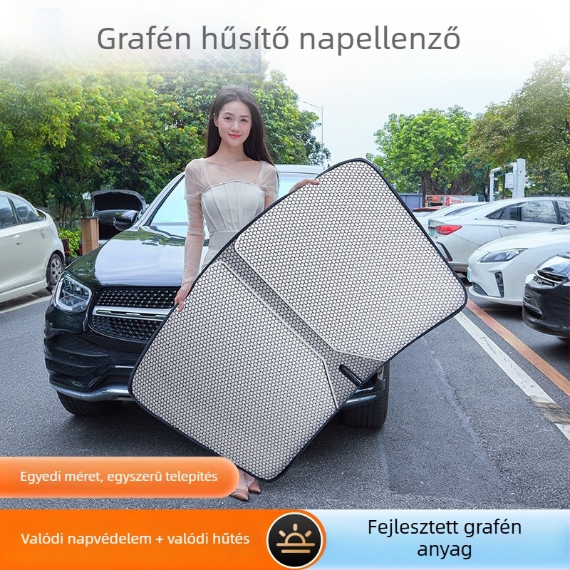 Autóüveg előtti árnyékoló grafén jégselyem anyaggal, snap-in telepítés, dedikált autómodellekhez, egyszerű stílus (Anyag: Graphene ice silk; Telepítés: Snap-in; Modellek: Dedicated car; Stílus: Simple)