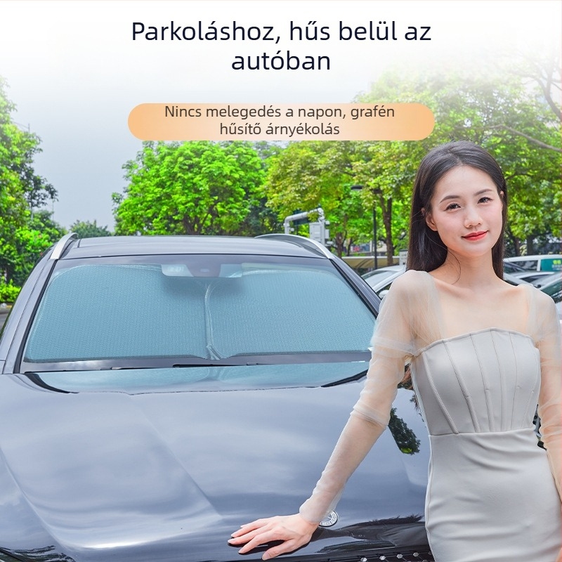 Autóüveg előtti árnyékoló grafén jégselyem anyaggal, snap-in telepítés, dedikált autómodellekhez, egyszerű stílus (Anyag: Graphene ice silk; Telepítés: Snap-in; Modellek: Dedicated car; Stílus: Simple)