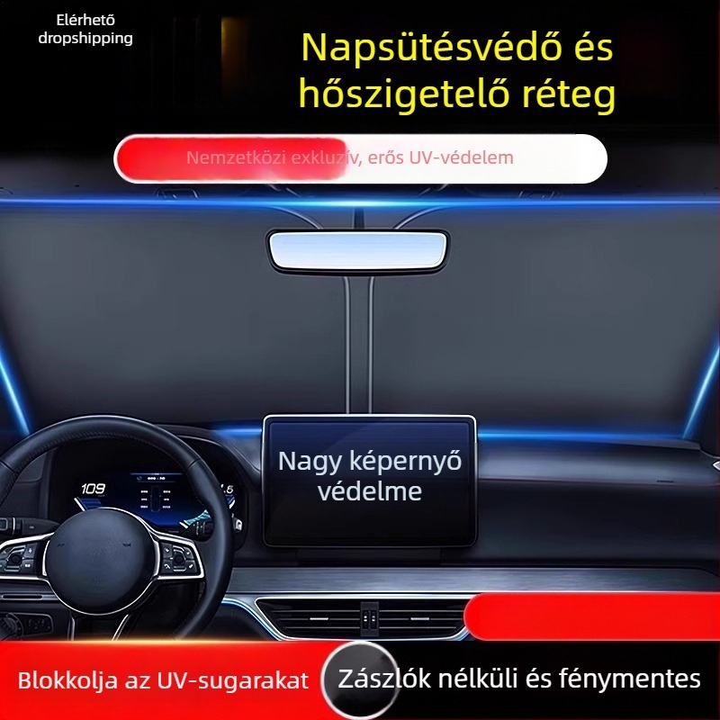 Autó első szélvédőjére szánt napvédő — alumíniumfólia, csiptetős telepítés, univerzális illeszkedés, minimalist stílus