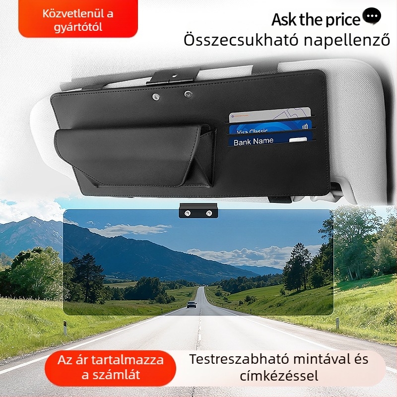 Univerzális bőr autós napellenző antireflexiós lencsével, fényvédő pajzzsal és többfunkciós tárolóval