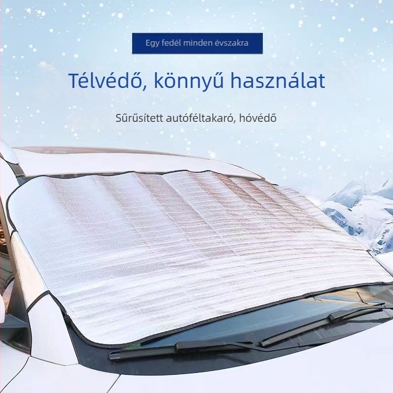 Autó frontszélvédő árnyékoló hőszigeteléssel hó és dér ellen, univerzális illeszkedés, alumíniumfólia, telepítés szívókoronggal, logó nyomtatás és magáncímke elérhető