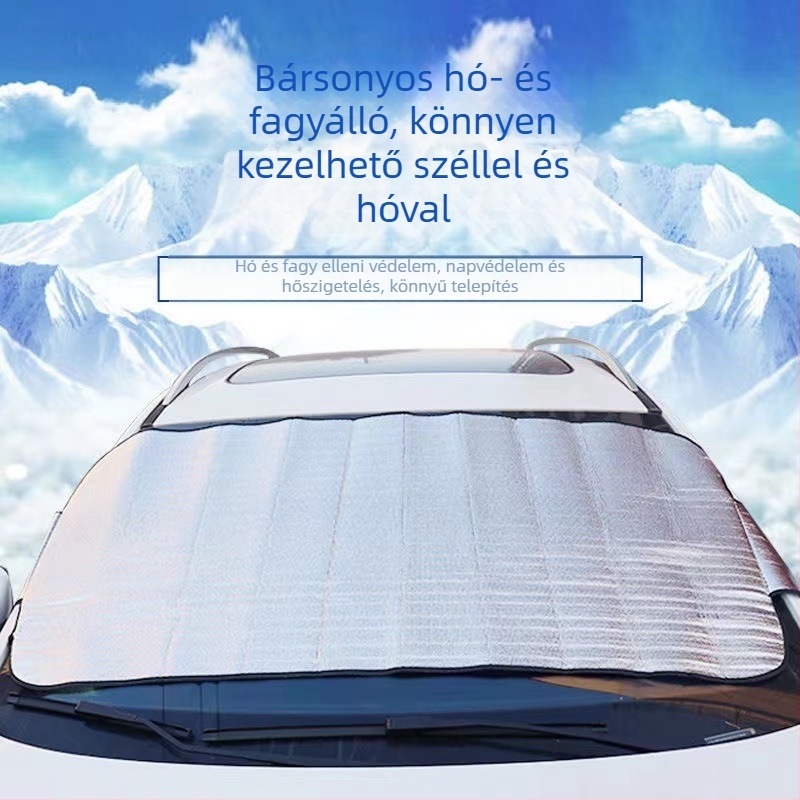 Autó frontszélvédő árnyékoló hőszigeteléssel hó és dér ellen, univerzális illeszkedés, alumíniumfólia, telepítés szívókoronggal, logó nyomtatás és magáncímke elérhető