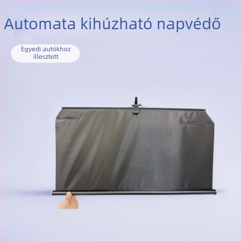 Autóban szerelhető automatikusan állítható napvédő függöny, kihúzható mechanizmus, teljes sötétítés, UV védelem, poliészter