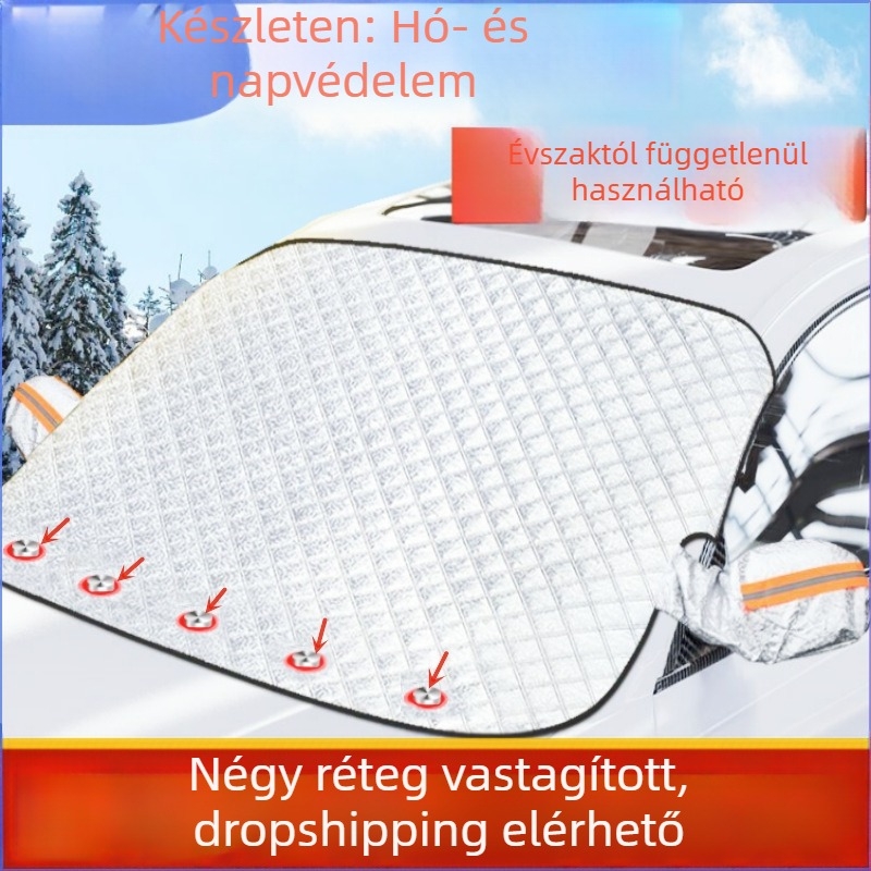 Téli autóüvegvédő mágneses zárással, alumíniumfóliából, beillesztéses szerelés, kompatibilis a jármű előtti szélvédővel, logónyomás elérhető, licencelt magáncímke