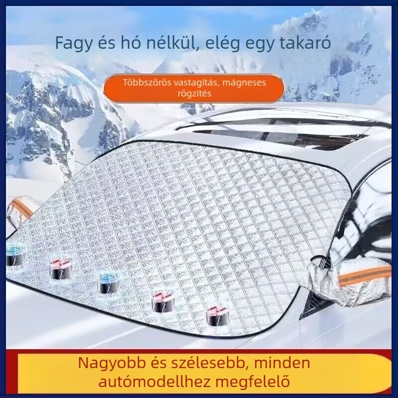 Téli autóüvegvédő mágneses zárással, alumíniumfóliából, beillesztéses szerelés, kompatibilis a jármű előtti szélvédővel, logónyomás elérhető, licencelt magáncímke