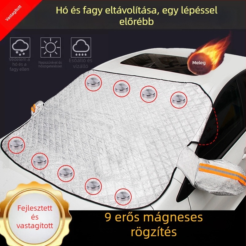 Téli autóüvegvédő mágneses zárással, alumíniumfóliából, beillesztéses szerelés, kompatibilis a jármű előtti szélvédővel, logónyomás elérhető, licencelt magáncímke