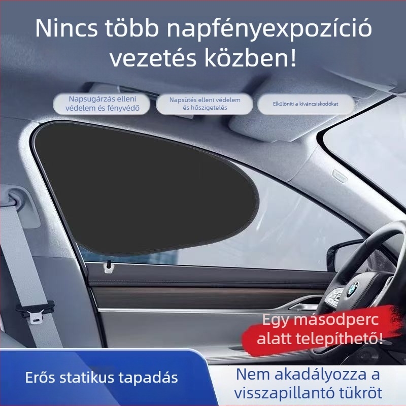 Autóhoz készült elektrosztatikus alumínium fóliás oldalablakárnyékoló, átlátszó, függő szerelés, napvédelmi és hőszigetelő megoldás