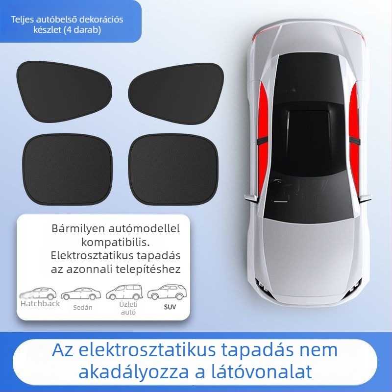 Autóhoz készült elektrosztatikus alumínium fóliás oldalablakárnyékoló, átlátszó, függő szerelés, napvédelmi és hőszigetelő megoldás