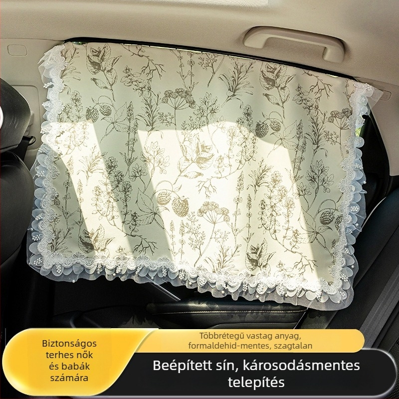 Beépített csúszórudas autóárnyékoló, oldalablakokra teljes sötétítés; anyaga chenille; felakasztva szerelés; kompatibilis a általános autómodellekkel