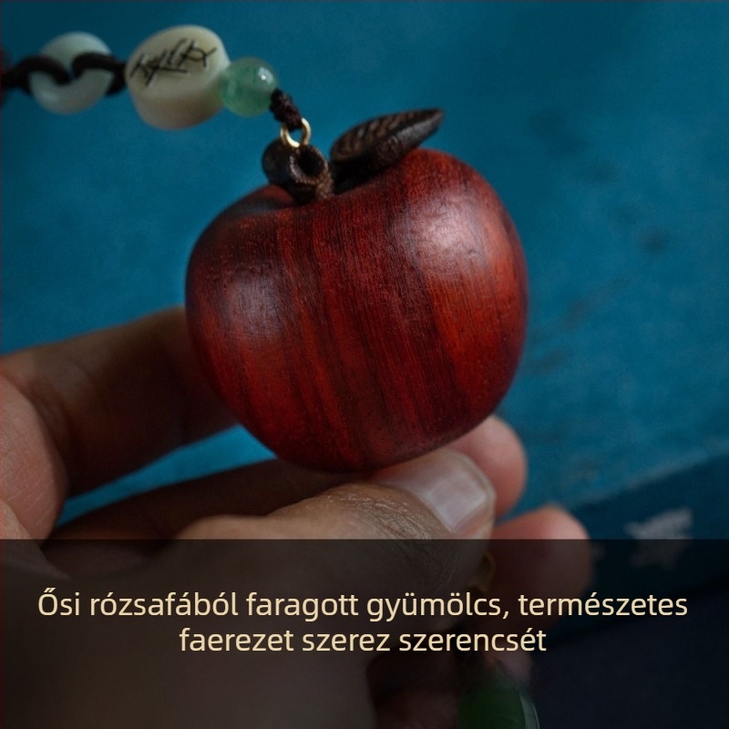 Autó tükréhez való medál, természetes rózsafa fából készült alma alakú amulett, kínai stílusú mázolt gyümölcs motívum, belső dekoráció