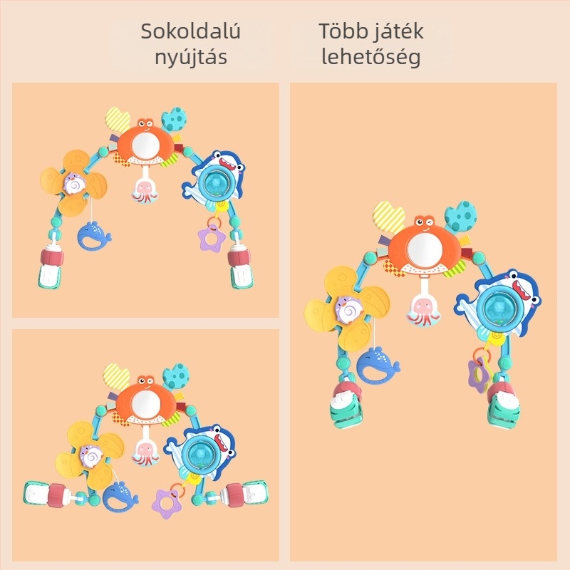 Újszülött számára: karabineres és csörgős függő játék – forgás, hang, kettős funkció, műanyag (0-3 év)