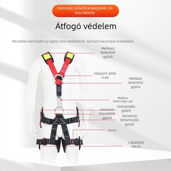 Teljes testű biztonsági heveder hegymászáshoz — párnázott váll-, derék- és lábsávok; maximális teher 150 kg; anyaga öv: poliészter; anyaga kötél: nagy szilárdságú drót; kötélhossz: egyeztetés