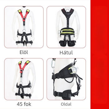 Teljes testű biztonsági heveder hegymászáshoz — párnázott váll-, derék- és lábsávok; maximális teher 150 kg; anyaga öv: poliészter; anyaga kötél: nagy szilárdságú drót; kötélhossz: egyeztetés
