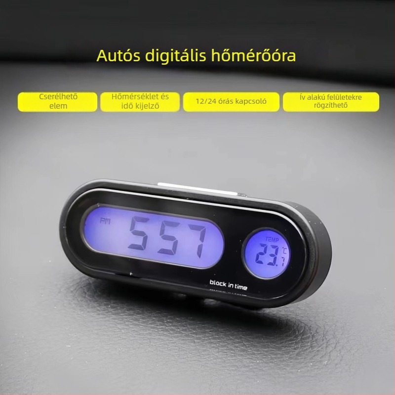 Autóhoz szánt digitális hőmérséklet- és páratartalom-mérő szívófejjel, átlátszó LCD kijelző, műanyag ház, Town Head márka