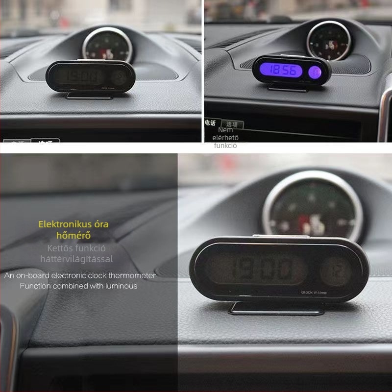 Autóhoz szánt digitális hőmérséklet- és páratartalom-mérő szívófejjel, átlátszó LCD kijelző, műanyag ház, Town Head márka