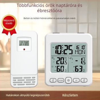 Elektronikus naptáras óra belső/külső vezeték nélküli hőmérséklet- és páratartalom szenzorral, örök kalendár, Yijia márka, AAA elemről működik