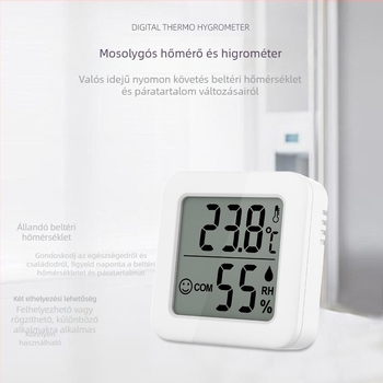 Mini mosolyogó arcú hőmérséklet- és páratartalom-mérő — falra szerelhető, otthoni környezet monitorozásához