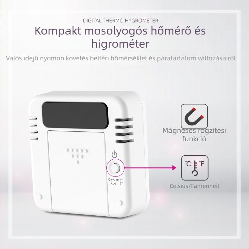 Mini mosolyogó arcú hőmérséklet- és páratartalom-mérő — falra szerelhető, otthoni környezet monitorozásához