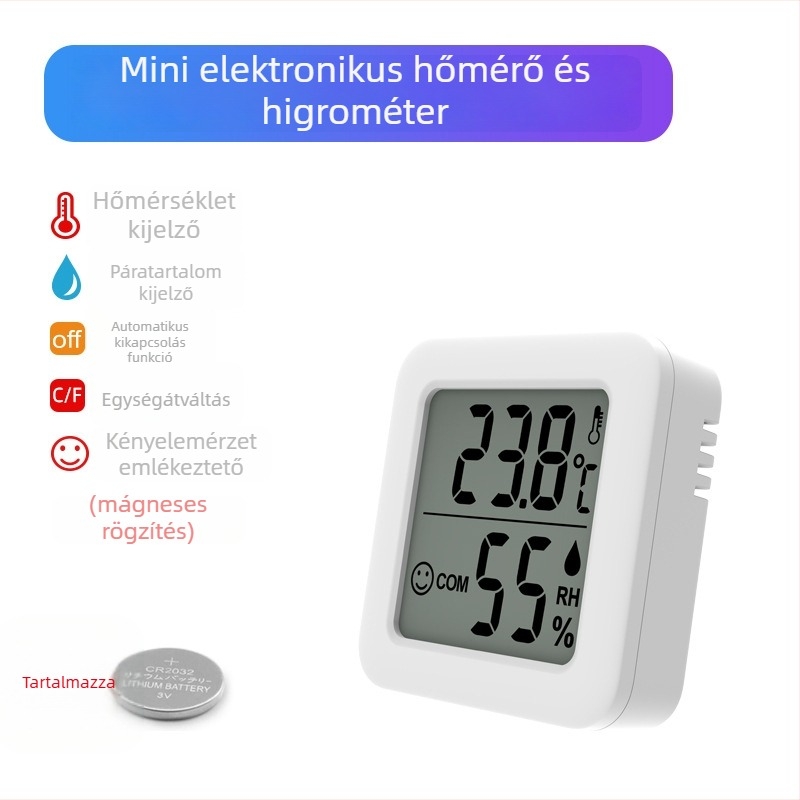 Mini mosolyogó arcú hőmérséklet- és páratartalom-mérő — falra szerelhető, otthoni környezet monitorozásához