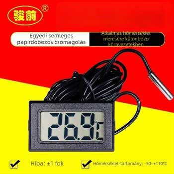 Digitális higrométer TMP-10: hőmérséklet-tartomány -50..+110 °C; páratartalom 20–80%; hőmérséklet felbontás 0,1 °C