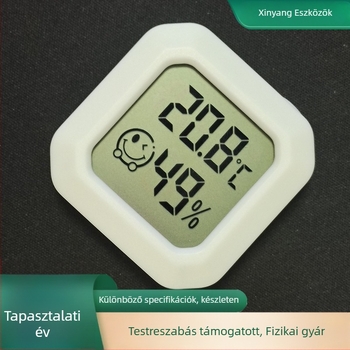 Mini falra szerelhető nedvesség- és hőmérő száraz/ nedves kijelzővel, mosolygós arc, akkumulátoros, 0.1°C felbontás, hőmérséklet ±1°C, relatív páratartalom ±5% RH, Xinyang, autófelragasztó szalag