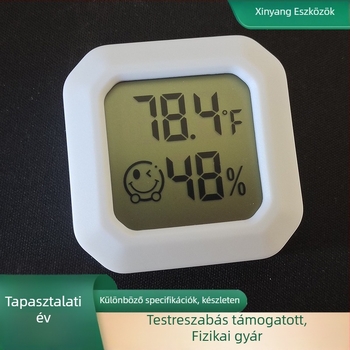 Mini falra szerelhető nedvesség- és hőmérő száraz/ nedves kijelzővel, mosolygós arc, akkumulátoros, 0.1°C felbontás, hőmérséklet ±1°C, relatív páratartalom ±5% RH, Xinyang, autófelragasztó szalag