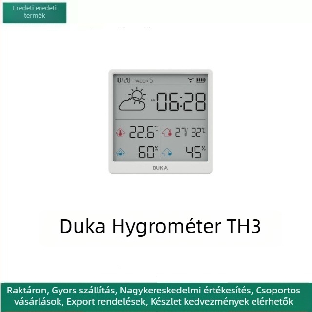 Duke TH3 hőmérséklet- és páratartalom-mérő WiFi-vel, nagy pontosságú digitális kijelző, falra tapasztható vagy állványos