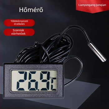 Digitális hőmérő LCD-vel és szenzorral autóhoz, akváriumhoz, terráriumhoz és hűtőhöz — -50-től +110-ig, mérés 0-50, 1,5V gombelem