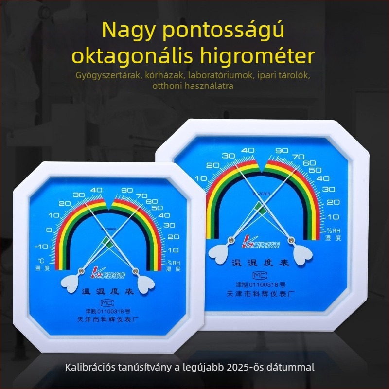 Magas pontosságú nyolcszögletű hőmérséklet-higrométer legújabb kalibrálási tanúsítvánnyal gyógyszertáraknak, kórházaknak, ipari tárolásra és otthoni használatra