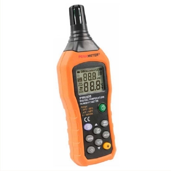 PM6508 digitális higrométer, hőmérséklet pontossága 0.1°C, tartomány 20–60°C, páratartalom felbontása 0.1% RH, 4×1.5V elemről működik