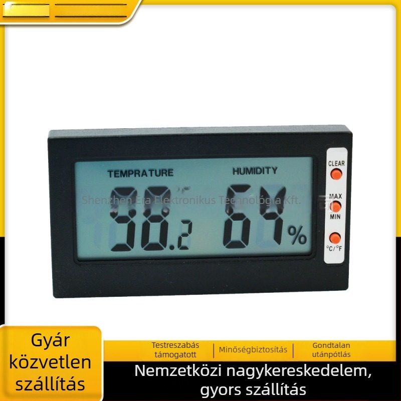 LCD mini digitális hőmérő és higrométer, levegő hőmérséklet- és páratartalomszenzorral; kompakt digitális kijelző; 2x1,5V elemmel működik; alkalmas akváriumhoz, hüllőketrechez, boros szekrényhez, szivaros szekrényhez és hűtőhöz