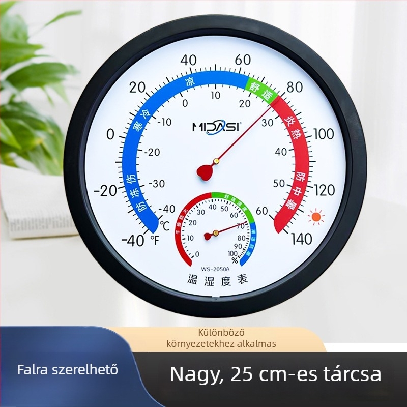 25 cm-es falra szerelhető hőmérséklet- és páratartalom mérő – nagy méretű belső használatra, otthonra és ipari környezetbe, gyógyszertárakban