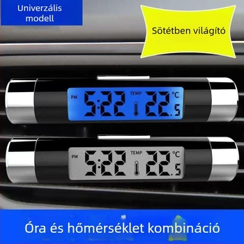 Autóba szerelhető óra elektromos hőmérővel, világító kijelzővel, klipsz a légkivezetőhöz, K01 modell