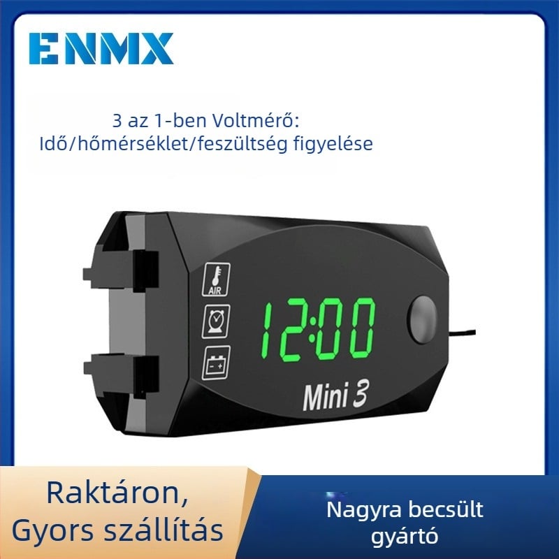 Motorkerékpár három az egyben: óra, hőmérséklet- és feszültségmérő, digitális LED kijelző, 12V