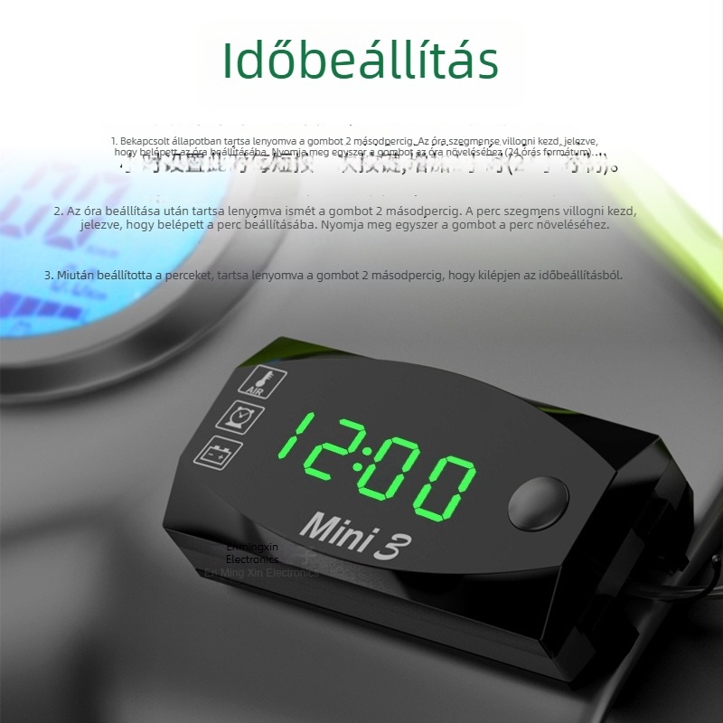 Motorkerékpár három az egyben: óra, hőmérséklet- és feszültségmérő, digitális LED kijelző, 12V