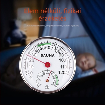 Nagy kijelzős termos-higrométer, hőmérséklet-tartomány 0–120°C, páratartalom 0–100%, hőmérséklet-precizitás 1°C, páratartalom felbontás 2%