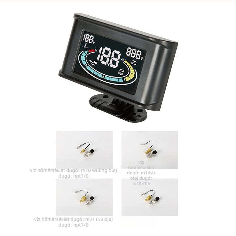 LED kijelzős műszerfal autóhoz – három az egyben: vízhőmérséklet, olajnyomás, feszültség; 12V/24V, nagyméretű LCD