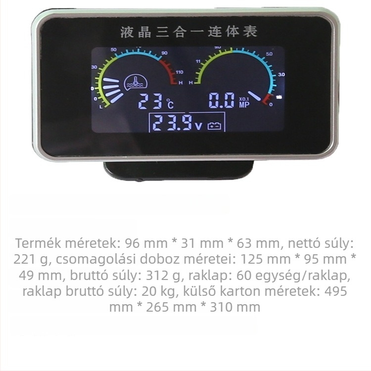 LCD három az egyben mérőműszer: vízhőmérséklet, feszültség és olajnyomás, 24V