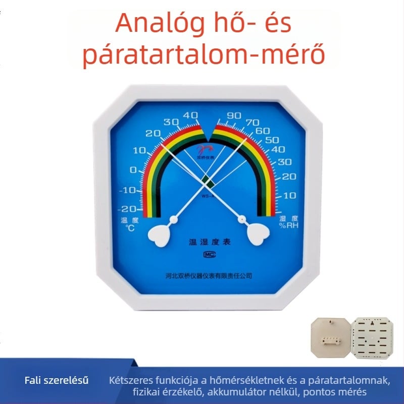 Fémes mutatóval ellátott hőmérő és higrométer, nyolcszögletű számlap, falra akasztható
