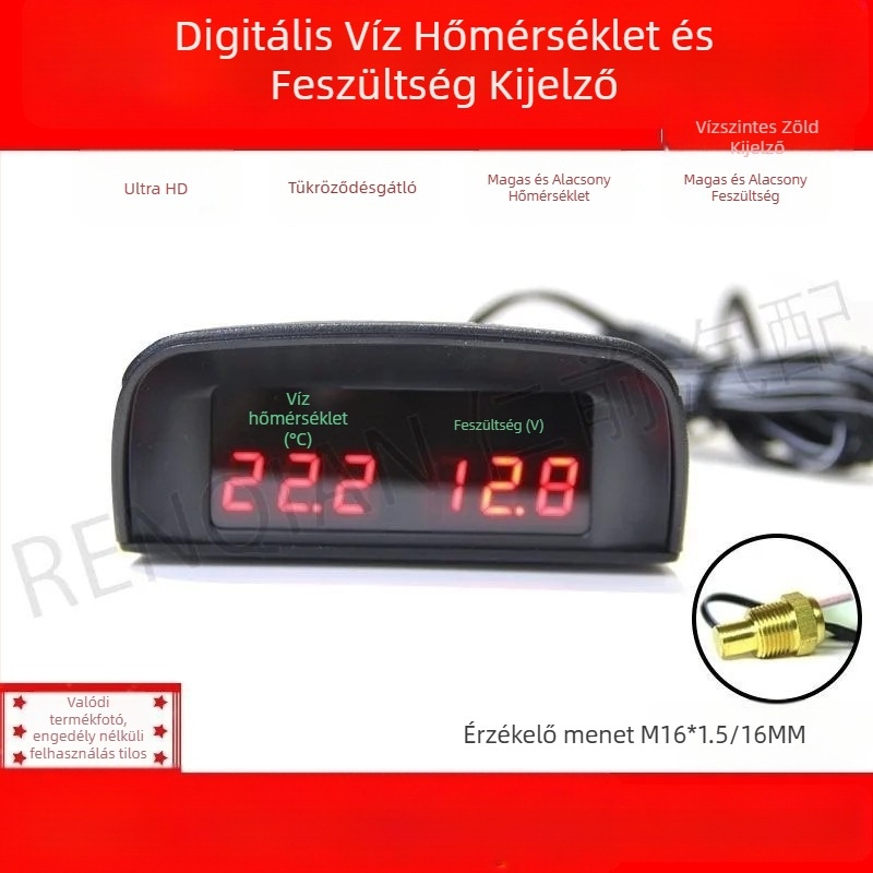 Horizontális digitális feszültségmérő és vízhőmérséklet-mérő autókhoz, 12V-24V