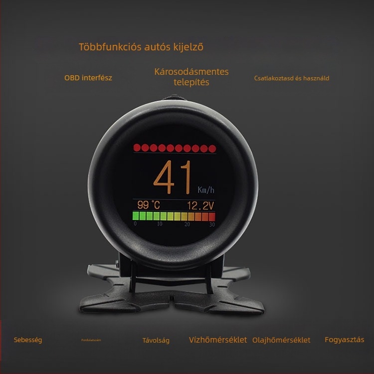 Jármű HUD, kerek kijelző, A205 modell, HD felbontás, OBD II bemenet (Anyag ABS+PC; Tápellátás OBD II; Tömeg 230 g)