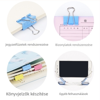 Színes fém klipek dokumentumokhoz, papírokhoz és könyvekhez