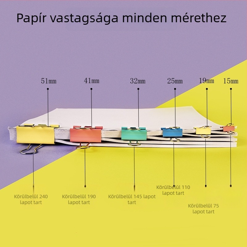 Színes fém klipek dokumentumokhoz, hosszú szárú irodai kellék