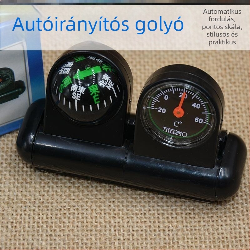 Autó belső hőmérő és iránytű, 2 az 1-ben, fém kivitel