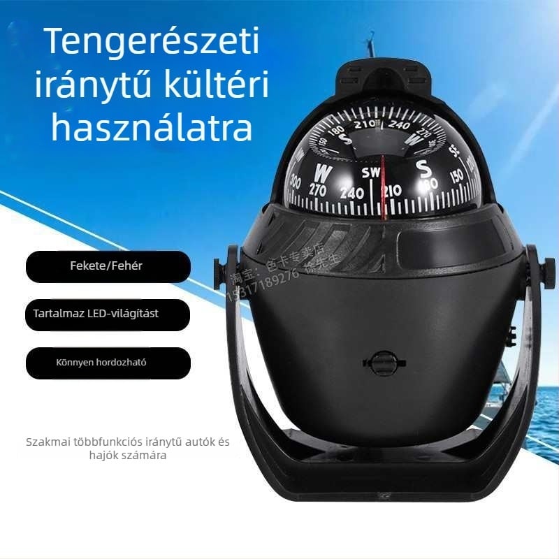 Tengeri iránytű mágneses deklinációs szabályozással és kültéri LED‑világítással