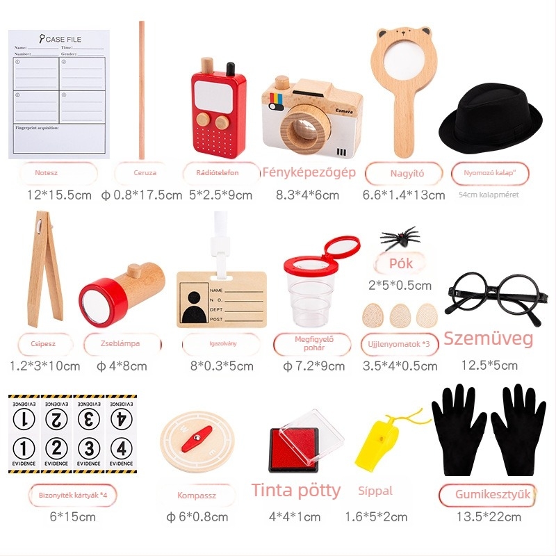 Detektív szerepjáték készlet, faanyagból, 4–6 éveseknek; tartalmaz zseblámpa, kamera, sapka és iránytű