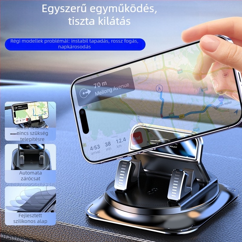 Autótelefon-tartó a műszerfalhoz, 360°-os forgás, ragasztóval rögzíthető, univerzális illeszkedés, minimalista stílus