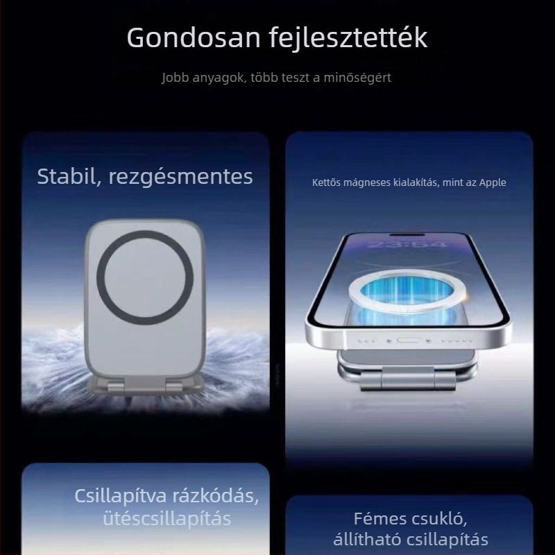 Ultra vékony mobiltelefon-tartó, összecsukható, mágneses szívóerővel, autóba a műszerfalra (univerzális modell, műanyag, rezgések elleni)