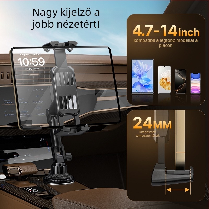 Autóba szerelhető telefon-tartó pohártartó helyére a középkonzolban, univerzális, első ülés utasának, kattintásos rögzítés